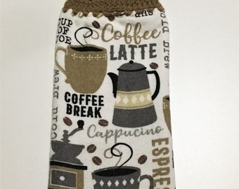 Coffee Theme Crochet Hanging Towel: Double Layer Kitchen Decor