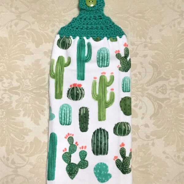 GREEN and TEAL CACTUS Extra Thick Double Layer Hanging Crochet Towel, cactus lover gift, succulent, southwest decor, hostess gift, housewarm