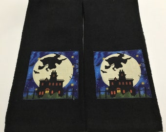 WITCH, HAUNTED HOUSE Set of 2 cotton kitchen towels, dish towel, halloween towel, tea towel, hand towel, kitchen decor, halloween decor