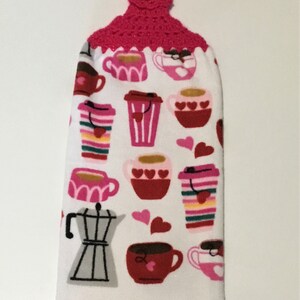 VALENTINE COFFEE MUGS plush double layer hanging crochet towel, coffee mugs, pink, Valentine towel, dish towel, hand towel, hearts