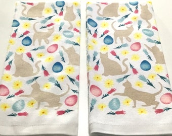 Easter eggs, cats, and flowers set of 2 thick cotton kitchen towels, dish towel, hand towel, Easter towel, cat lover gift, hostess gift