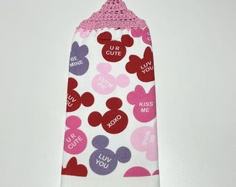 Valentine Mickey Minnie Hanging Crochet Towel, Pink Disney Decor