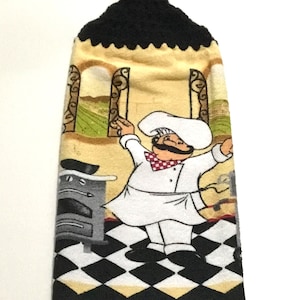 Italian Chef double layer hanging crochet towel, fat chef, chef lover gift, kitchen decor, black, pale yellow, hostess gift, housewarming