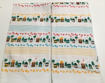 HOUSES AND FLOWERS Set of 2 thick cotton towels, dish towel, hand towel, tea towel, kitchen towel, hostess gift, housewarming gift