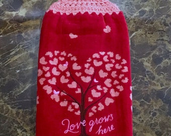 Love grows here heart trees plush double layer hanging crochet towel, Valentine towel, Valentine gift, kitchen decor, bathroom decor, red