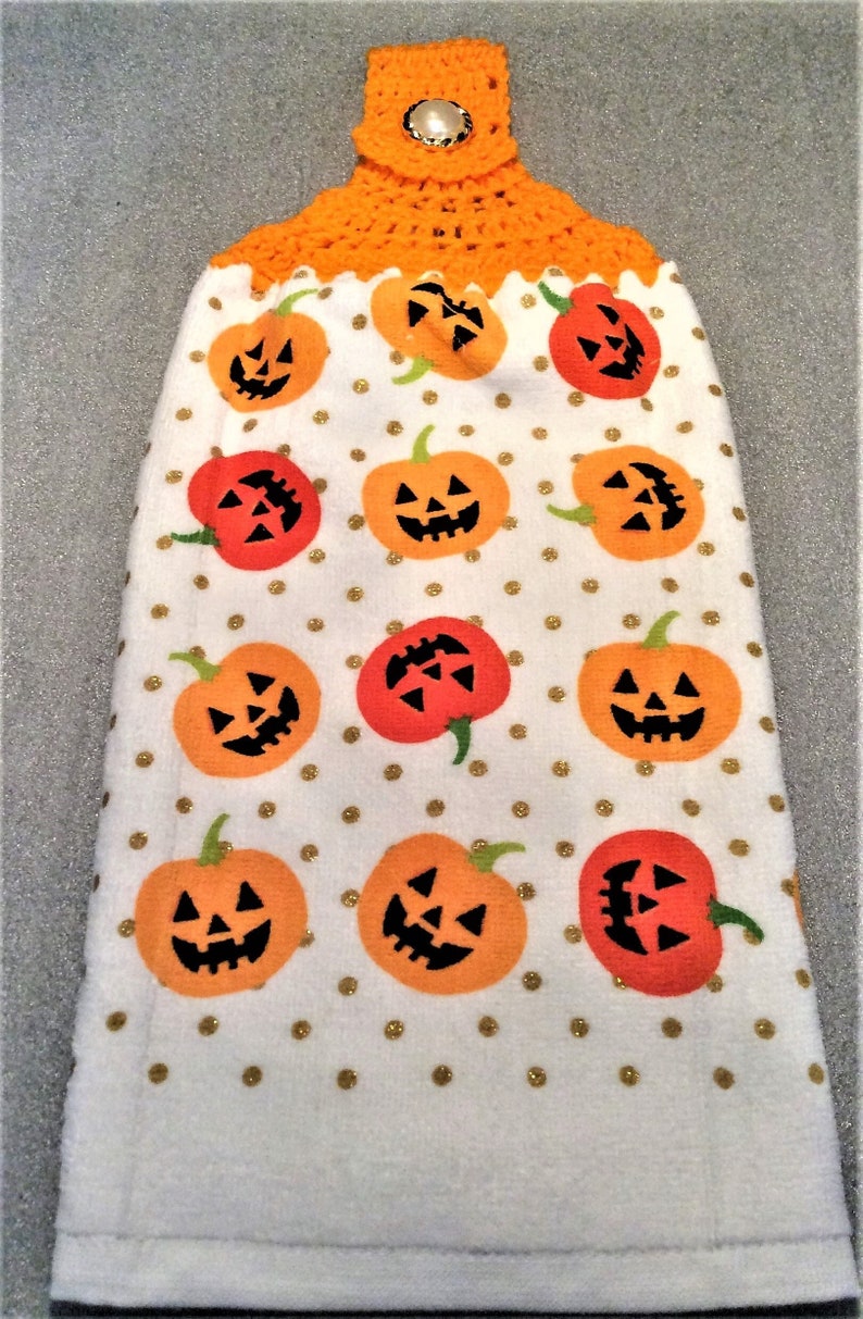 JACK-O-LANTERNS Thick Double Layer Hanging CROCHET Towel, kitchen, housewarming, birthday, holiday, gifts image 1
