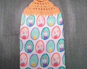 EASTER BUNNIES and CHICKS Thick Double Layer Hanging Crochet Towel for kitchen, bathroom