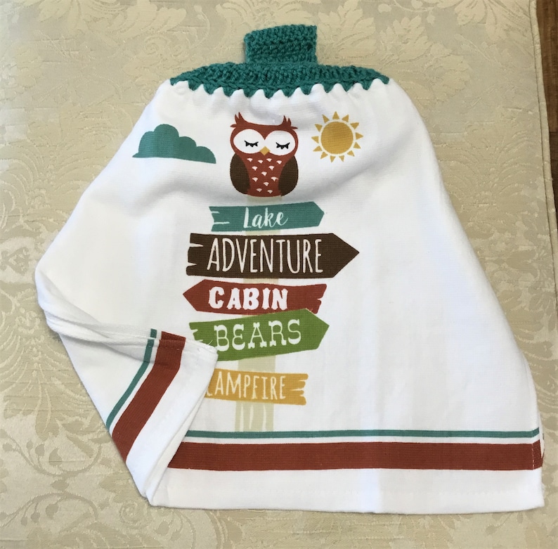 hostess gift woodland LAKE ADVENTURE OWL Extra Thick Double Layer Hanging Crochet Towel housewarming teal camping camping lover gift