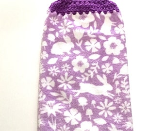 White bunnies and flowers on purple thick double layer hanging crochet towel, Easter towel, Easter gift, bunny lover gift, hostess gift