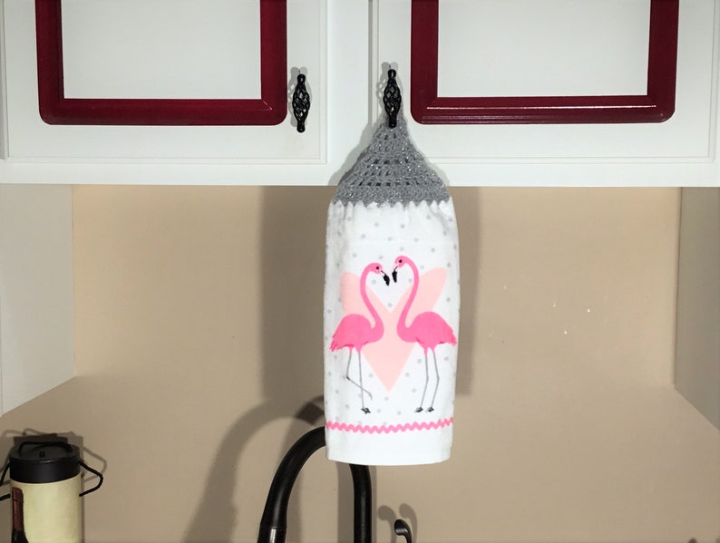 FLAMINGO LOVE Extra Plush Over the Knob Double Layer Hanging Crochet Towel gray housewarming flamingo lover gift hostess gift heart