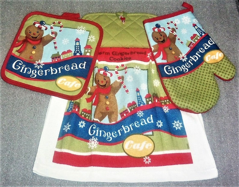 housewarming Oven Mitt and Pot Holder Set gifts oven door towel kitchen WARM GINGERBREAD COOKIES Double Layer Hanging Decorative Towel