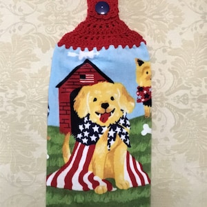 Patriotic Dogs Plush Hanging Towel: Crochet Top, Dog Lover Gift