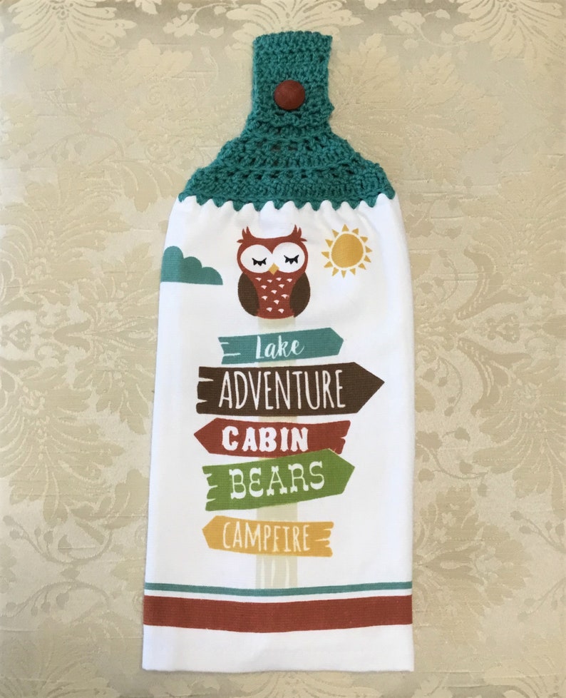 hostess gift woodland LAKE ADVENTURE OWL Extra Thick Double Layer Hanging Crochet Towel housewarming teal camping camping lover gift