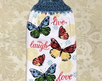LIVE, LOVE, BUTTERFLIES Double Layer Hanging Crochet Towel, orange, butterfly lover gift, mother's day gift, hostess gift, housewarming gift