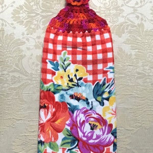 PIONEER WOMAN FLOWERS On Red Check Plush Double Layer Hanging Crochet Towel, flower lover gift, hostess gift, housewarming gift, red image 1