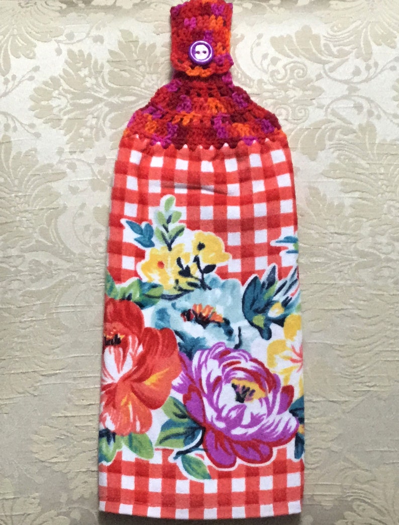 PIONEER WOMAN FLOWERS On Red Check Plush Double Layer Hanging Crochet Towel, flower lover gift, hostess gift, housewarming gift, red image 1