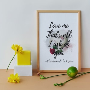 May include: A framed print with a watercolor illustration of a rose and a mask. The text reads "Love me that's all I ask of you - Phantom of the Opera".