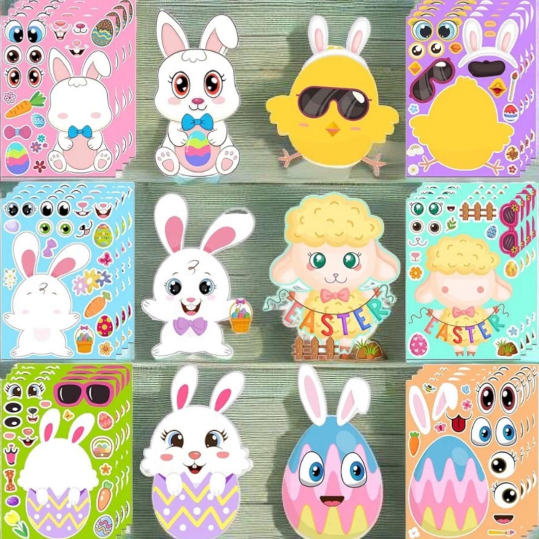 Easter DIY Stickers for Kids – 24 Sheets Easter Egg Bunny Face Stickers ...