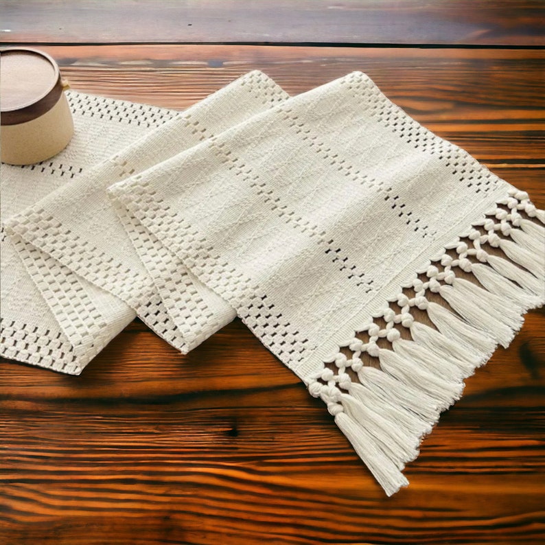 Ivory Boho Macrame Table Runner, 72 Inch Farmhouse Woven Home Decor, 12x72 Inch Ivory Runner