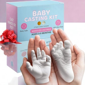 May include: A baby hand and foot casting kit with two colors of paint included. The box says "Baby Casting Kit" and "Makes 2 Castings Ages 0-9 Months".