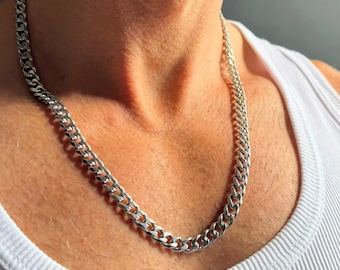 Collana da uomo a catena cubana in argento / 7 mm in acciaio inossidabile, gioiello vistoso