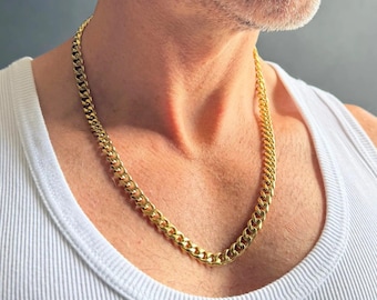 Collana da uomo a catena cubana dorata / Collana vistosa in acciaio inossidabile da 7 mm
