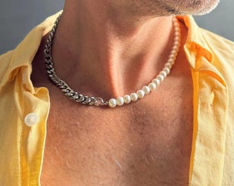 Collana da uomo con catena in perle e acciaio inossidabile