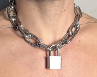 Schwere Vorhängeschloss Halskette Herren Silber | Industrielle Schlosskette | Herren Vorhängeschloss Schmuck