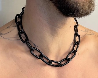 Collana da uomo a catena spessa in acciaio nero / Maglie in resina epossidica opaca da 5 mm