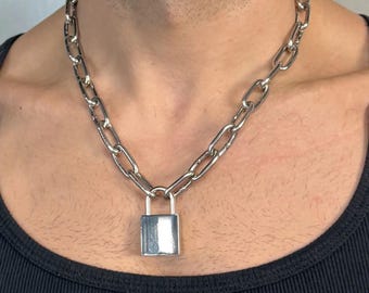 Collana con catena a lucchetto leggero in argento / Catena con lucchetto minimalista / Gioielli da uomo dallo stile grintoso