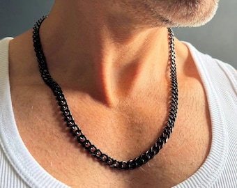 Collana da uomo a catena cubana nera / Collana vistosa in acciaio inossidabile da 7 mm