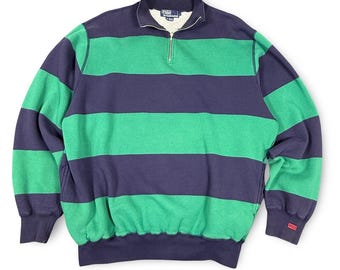 Felpa vintage Polo Ralph Lauren Rugby Stripe da uomo, taglia L, verde navy, con cerniera a 1/4, anni '90.