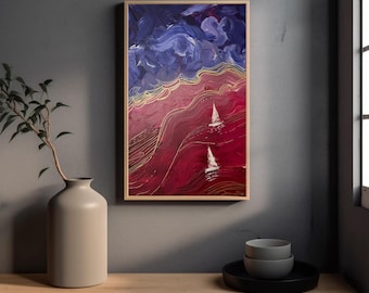 Abstract Seascape Painting, Red Blue Sailboats, Original Acrylic Canvas Art (16x20 in)