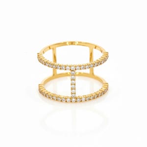 Double Band Diamond Wedding Ring Two Row Geometric Statement Ring Multi Layer Bridal Ring 14K Real Gold Wide Band Lab Created Diamond Ring