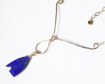 Lapis Lazuli Nugget Y Necklace Hand Hammered Metal Genuine Lapis Long Gold Chain Adjustable Length Raw Lapis Stone GEM-N-189-Lapis.g