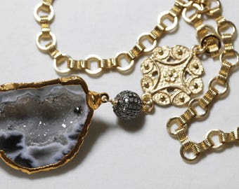 Featured in British Vogue Pavé Diamond Half Geode Y Necklace One of a Kind Necklace Statement Necklace Adjustable PD-N-187-PDGeo-101g