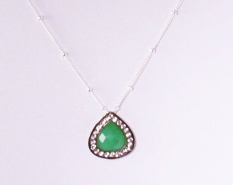 Green Chrysoprase Pendant White Topaz Pendant Pavé Set Necklace Chrysoprase Necklace Gemstone Necklace GEM-P-140-Chrys