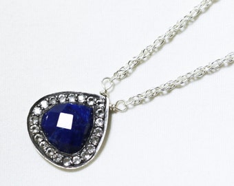 Blue Lapis Pendant White Topaz Pendant Pavé Set Necklace Lapis Necklace Gemstone Necklace GEM-P-140-Lapis