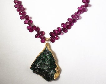 Featured in British Vogue Pink Tourmaline Necklace Rare Uvarovite Statement Necklace Precious Emerald Necklace Raw Stones GEM-N-171-TouEmUv