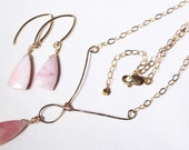 Peruvian Pink Opal Nugget 2-piece Jewelry Set Hand Hammered Y Necklace Dangle Earrings Adjustable Raw Opal Stone GEM-SET-189-PPOpal.g