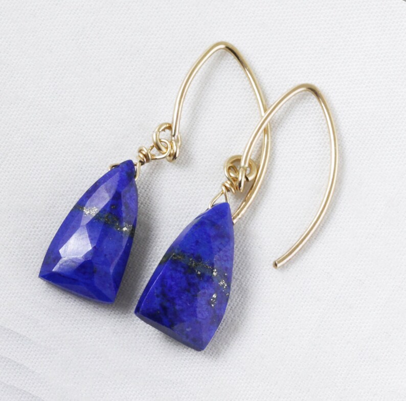 Blue Lapis Lazuli Nugget Gold Dangle Earrings 14k Gold Filled Mini Marquise Earwire Genuine Lapis Lazuli Jewelry GEM-E-189-Lapis.g image 3