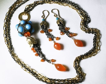 Collier à pampilles en cornaline mandarine, vraies perles de cornaline tibétaines en laiton antique, collier à plusieurs rangs en métal mélangé à longue chaîne GEM-N-301-Car.g