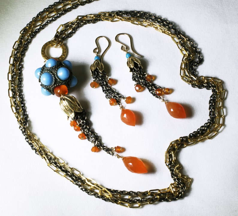 Tangerine Carnelian Tassell Necklace Real Carnelian Tibetan Beads Antique Brass MIxed Metal Multi Strand Long Chain Necklace GEM-N-301-Car.g image 1
