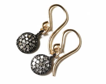 Pavé Diamond Earrings Diamond Earrings Disk Earrings Oxidized Silver Dangle Gold Silver Earwires Precious Diamond Earrings PD-E-104-os/g