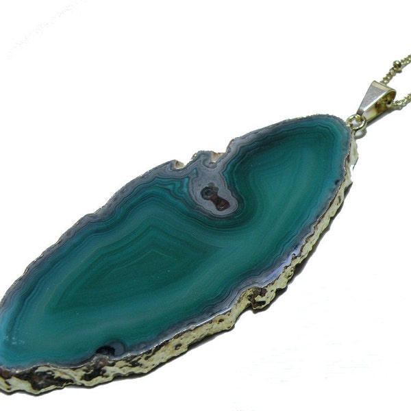Agate Geode Slice Green Pendant with Gold Dipped Edge
