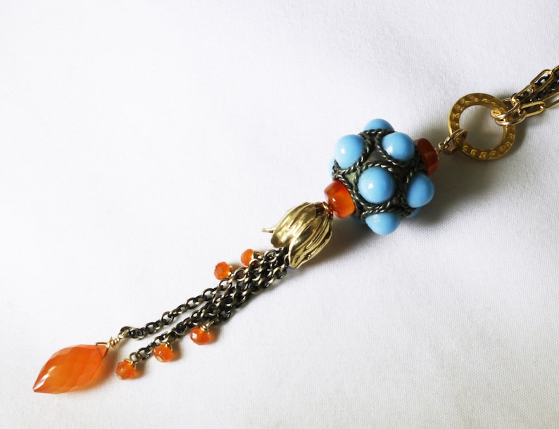 Tangerine Carnelian Tassell Necklace Real Carnelian Tibetan Beads Antique Brass MIxed Metal Multi Strand Long Chain Necklace GEM-N-301-Car.g image 3