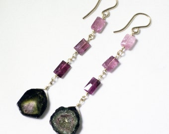 Pink Tourmaline and Watermelon Tourmaline Slice Gemstone Dangle Earrings Raw Stone Earrings GEM-E-170-PTWT-001g