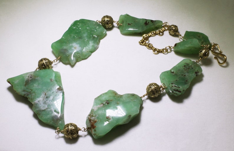 Chrysoprase Nugget Statement Necklace Jade Green Necklace Gold Chain Necklace Raw Stone One of a Kind Necklace GEM-N-187-Chrys Nugget image 1