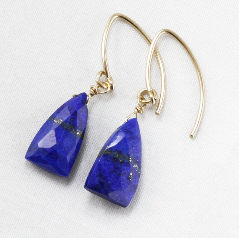 Blue Lapis Lazuli Nugget Gold Dangle Earrings 14k Gold Filled Mini Marquise Earwire Genuine Lapis Lazuli Jewelry GEM-E-189-Lapis.g image 2