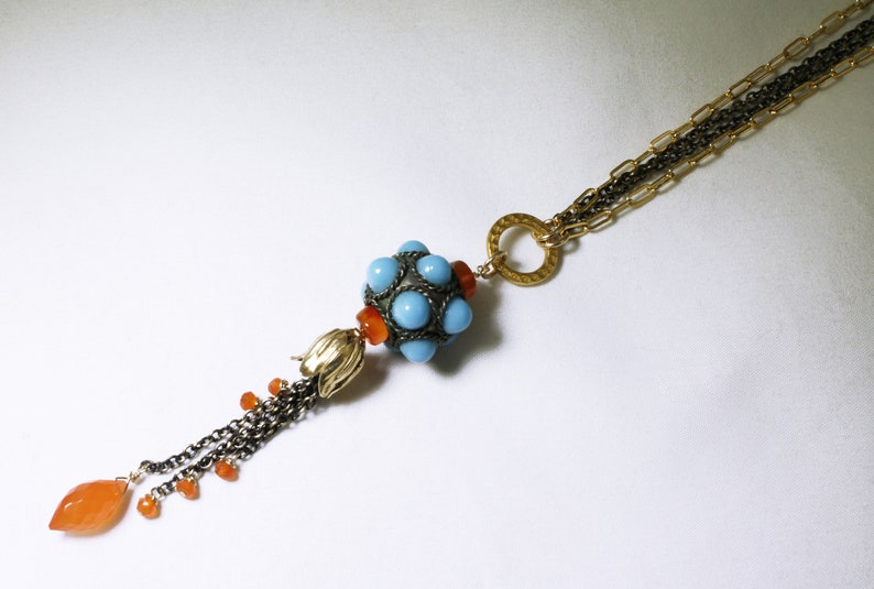 Tangerine Carnelian Tassell Necklace Real Carnelian Tibetan Beads Antique Brass MIxed Metal Multi Strand Long Chain Necklace GEM-N-301-Car.g image 2